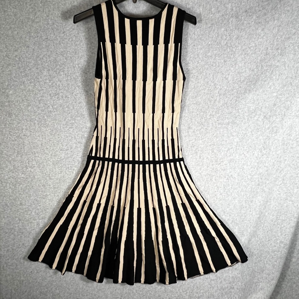 ECI New York Fit & Flare Dress Medium Black Tan Geometric Knit Stripe Piano Key